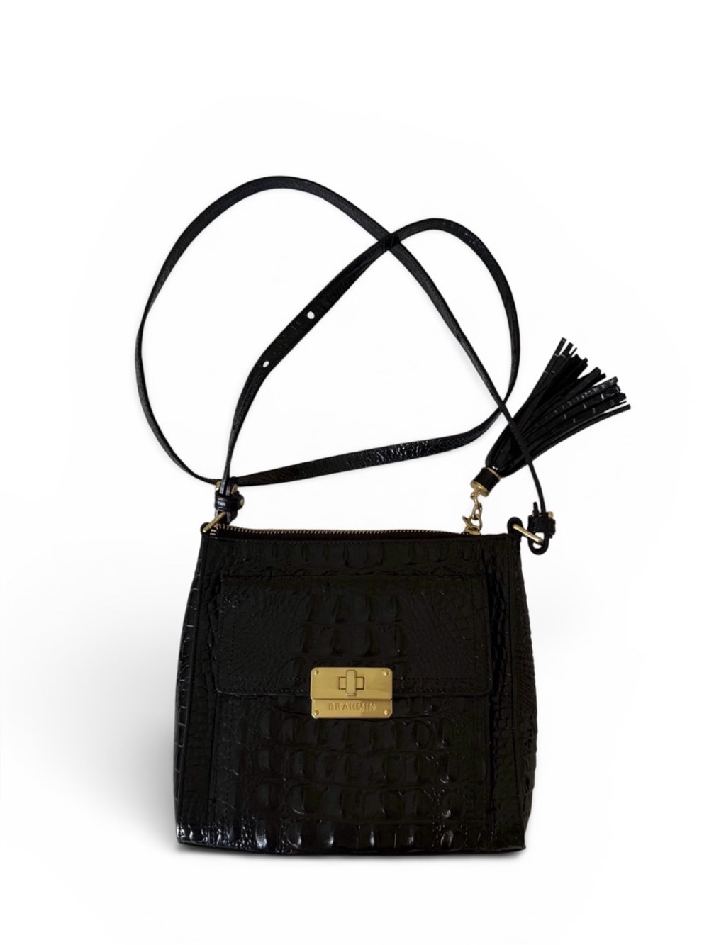 BRAHMIN Black Crossbody Bag with Crocodile Embossed Leather